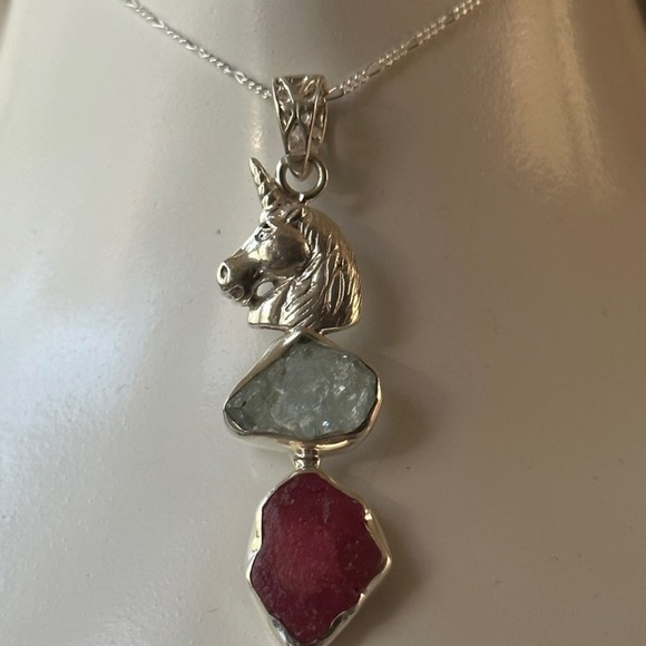 Magical unicorn ruby aquamarine long pendant with necklace - Picture 5 of 10